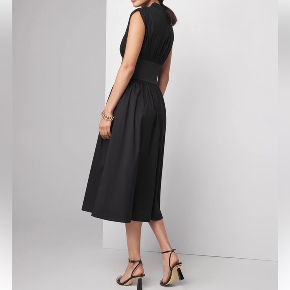 NEW WHBM $180 Elegant Black Midi Dress cap sleeves belted poplin dress size 18 - Picture 2 of 12